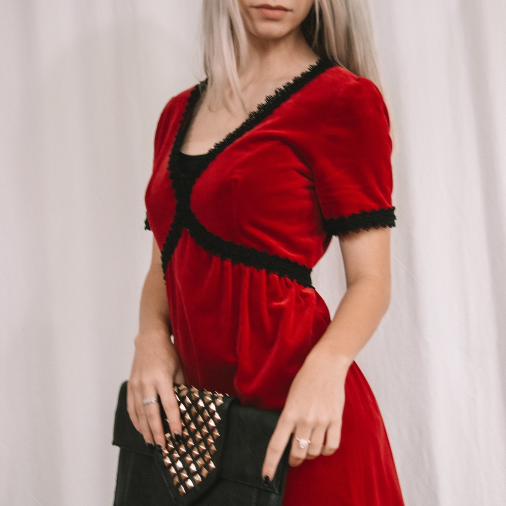 70s Handmade Velvet Victorian Scarlet Rose Dress